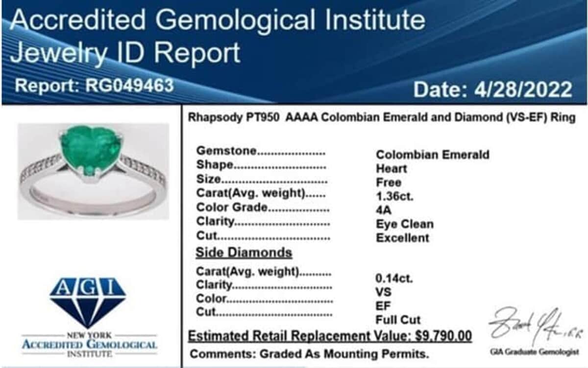 Certified & Appraised RHAPSODY 950 Platinum AAAA Boyaca Colombian Emerald and E-F VS Diamond Ring 3.75 Grams 1.50 ctw image number 7