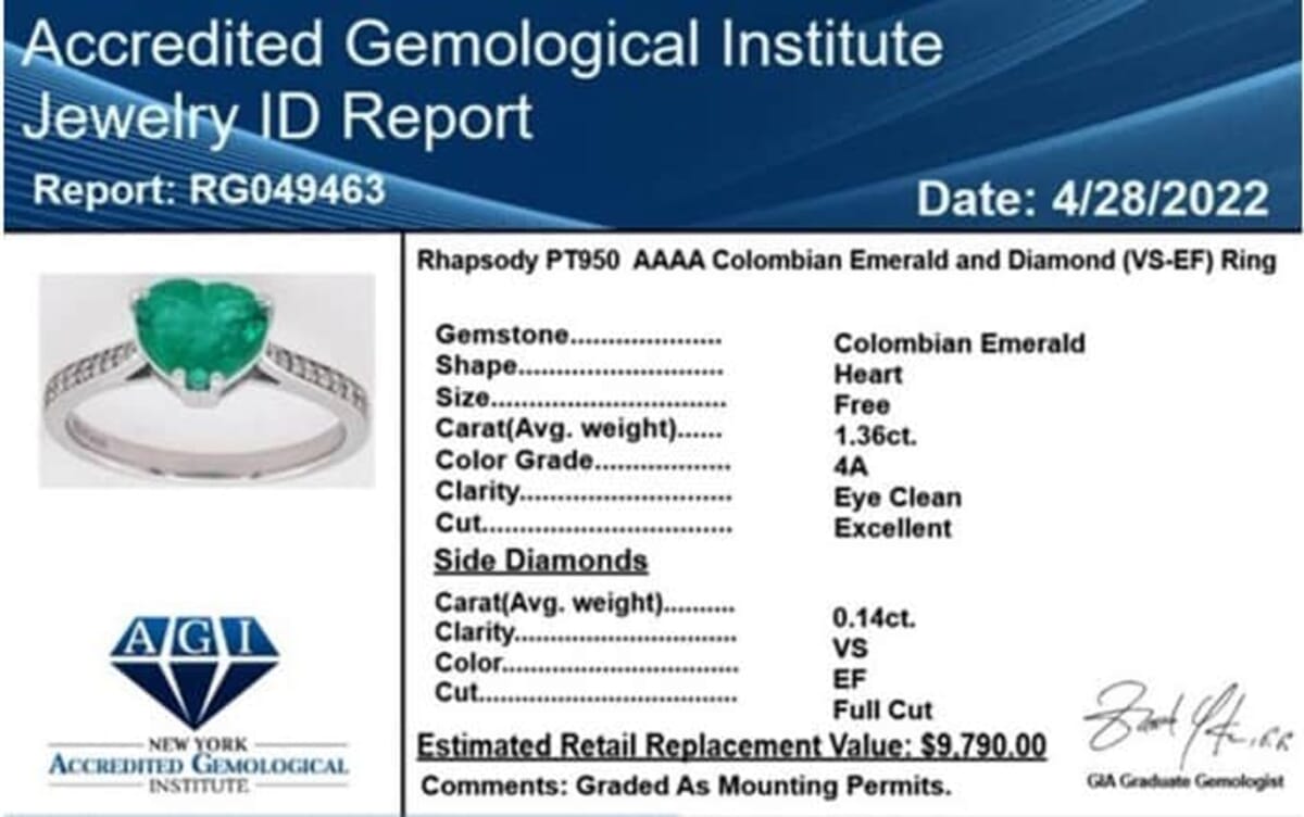 Certified & Appraised Rhapsody 950 Platinum AAAA Boyaca Colombian Emerald and E-F VS Diamond Ring (Size 8.0) 1.50 ctw image number 7