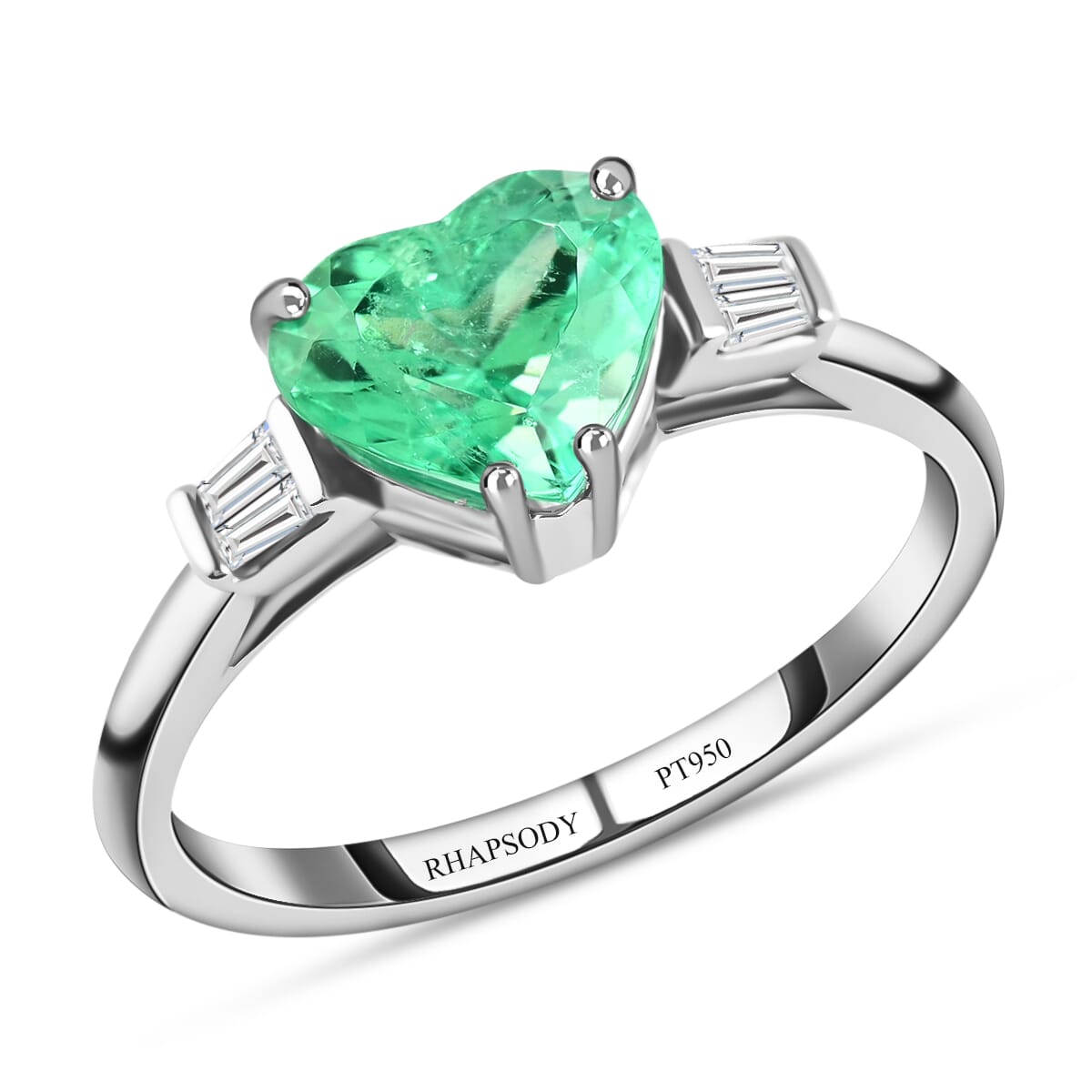 Certified RHAPSODY 950 Platinum AAAA Boyaca Colombian Emerald and E-F VS Diamond Ring 3.95 Grams 1.80 ctw image number 0