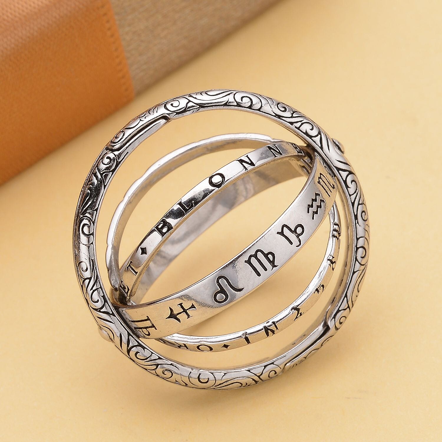 Black Oxidized and Rhodium Over Sterling Silver Astronomical Sphere Foldable Ball Transforming Cosmic Pendant Ring (Size 10.0) 6.60 Grams