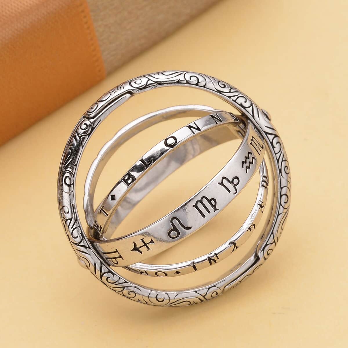 lack Oxidised and Rhodium Over Sterling Silver Astronomical Sphere Ball Finger Ring 6.60 Grams image number 1