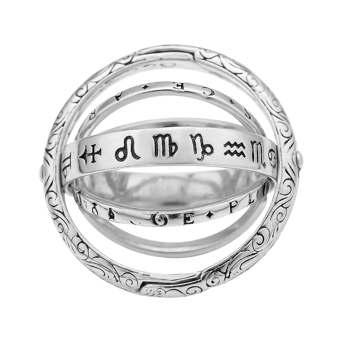 Black Oxidized and Rhodium Over Sterling Silver Astronomical Sphere Foldable Ball Transforming Cosmic Pendant Ring (Size 10.0) 6.60 Grams