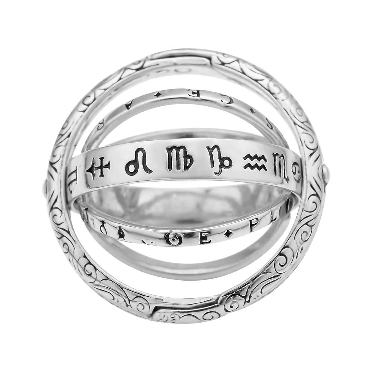 lack Oxidised and Rhodium Over Sterling Silver Astronomical Sphere Ball Finger Ring 6.60 Grams image number 4