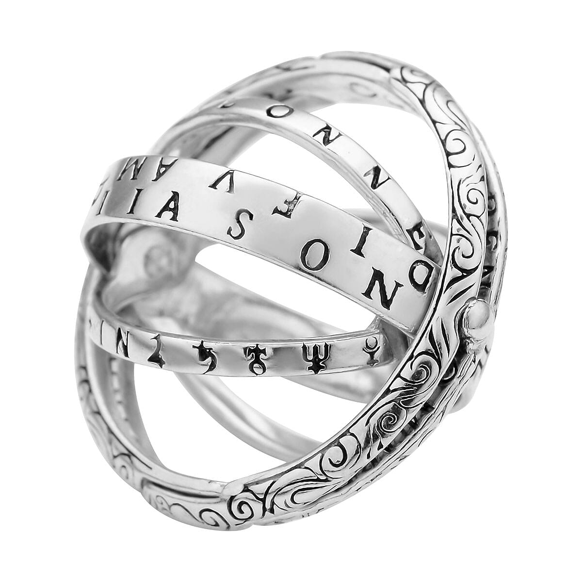 Black Oxidized and Rhodium Over Sterling Silver Astronomical Sphere Foldable Ball Transforming Cosmic Pendant Ring (Size 10.0) 6.60 Grams