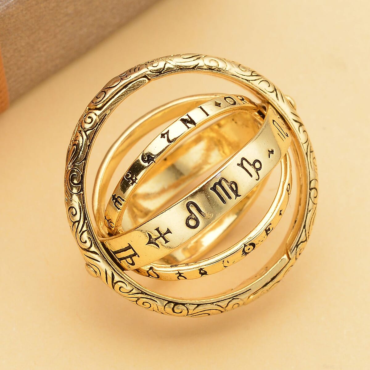 14K Yellow Gold Over Sterling Silver Astronomical Sphere Foldable Ball Transforming Cosmic Pendant Ring (Size 8.0) 6.60 Grams image number 1