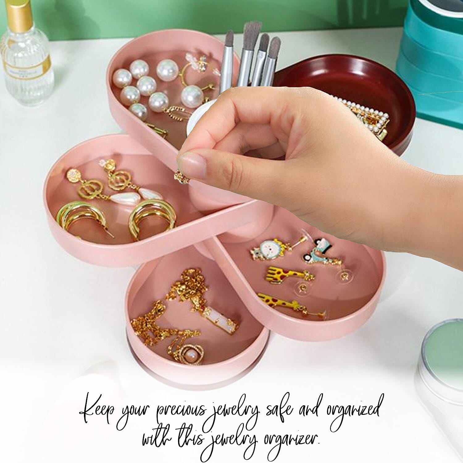 Pink 5 Layer Rotatable Jewelry Organizer with Makeup Brush Holder