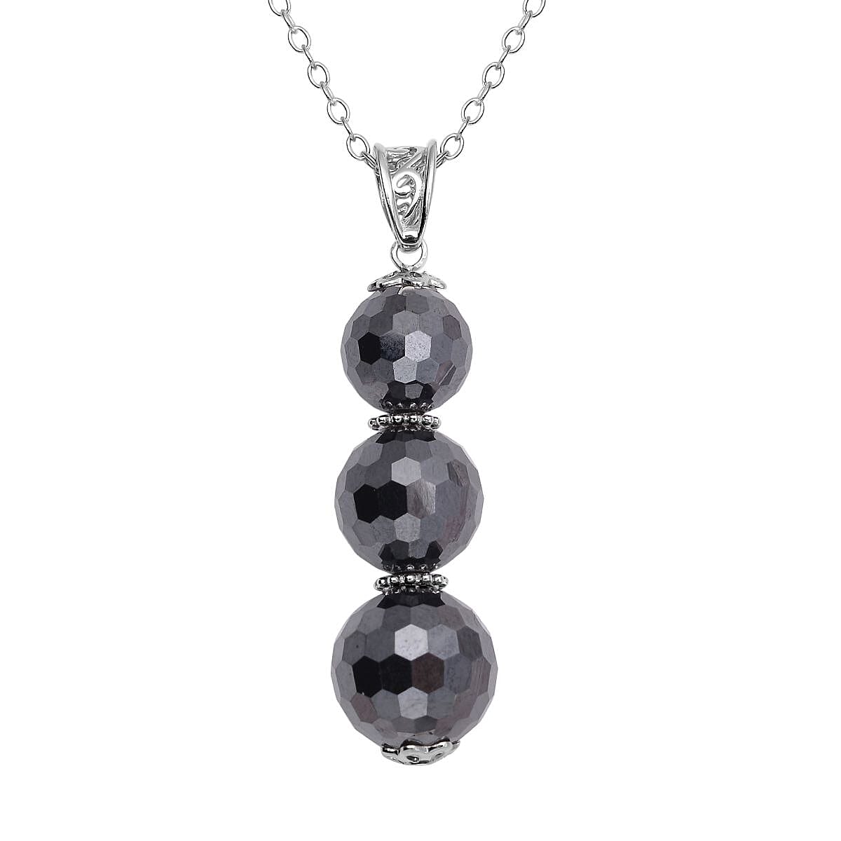 Black Moissanite Beaded Pendant Necklace 20-22 Inches in Rhodium Over Sterling Silver 18.70 ctw