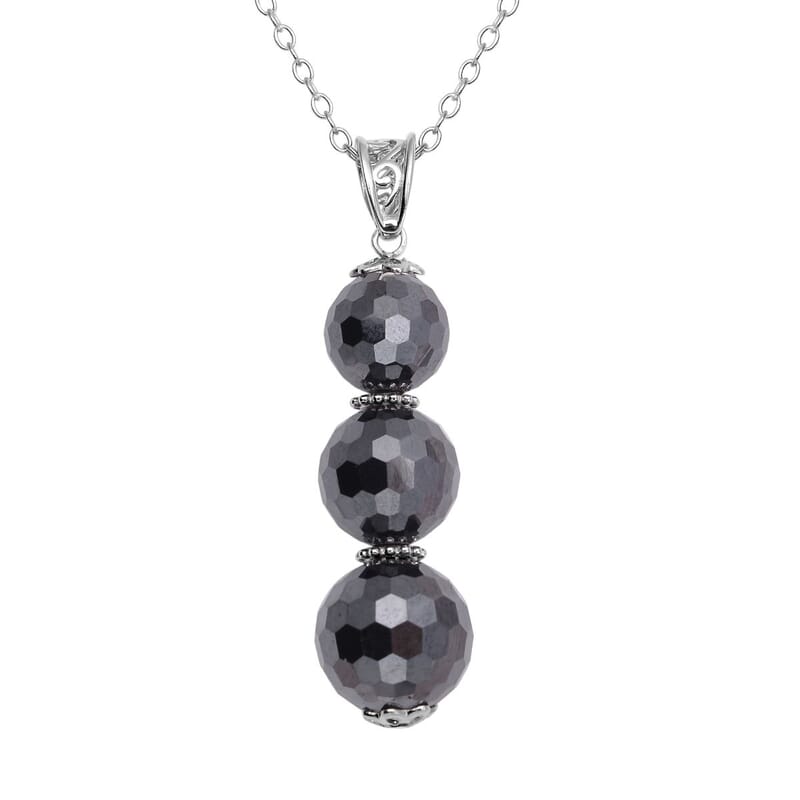 Black Moissanite Beaded Pendant Necklace 20-22 Inches in Rhodium Over Sterling Silver 18.70 ctw