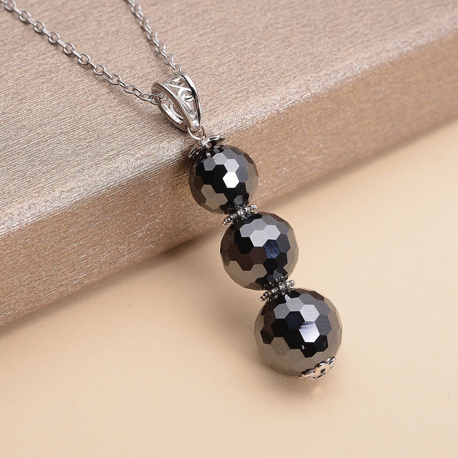 Black Moissanite Beaded Pendant Necklace 20-22 Inches in Rhodium Over Sterling Silver 18.70 ctw