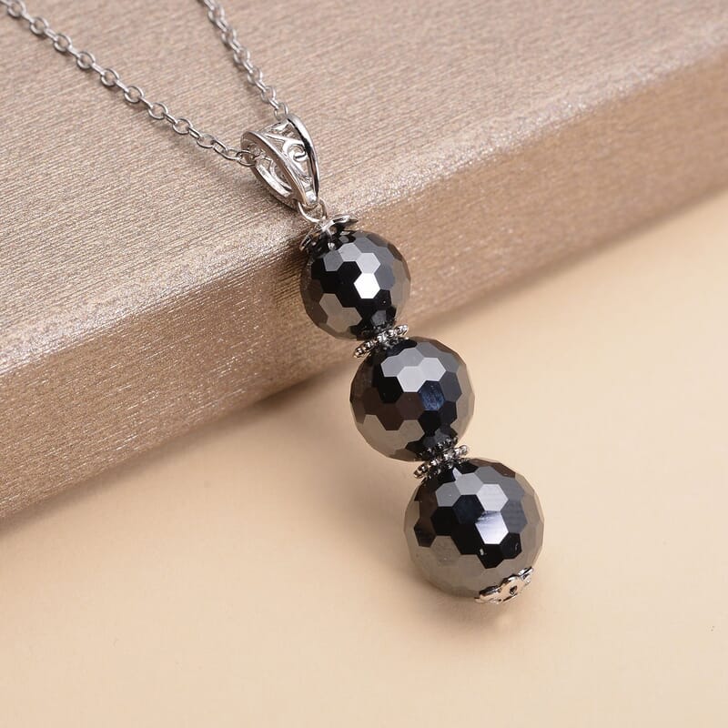Black Moissanite Beaded Pendant Necklace 20-22 Inches in Rhodium Over Sterling Silver 18.70 ctw