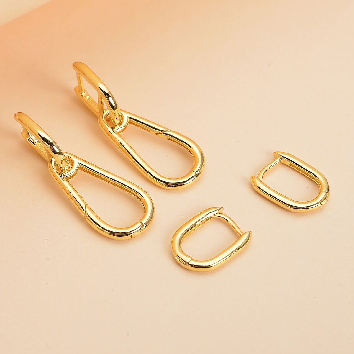 14K Yellow Gold Over Sterling Silver Horse Bit Design Interchangeable Carabiner Link Charm Enhancer Hoop Earrings 5.35 Grams image number 1