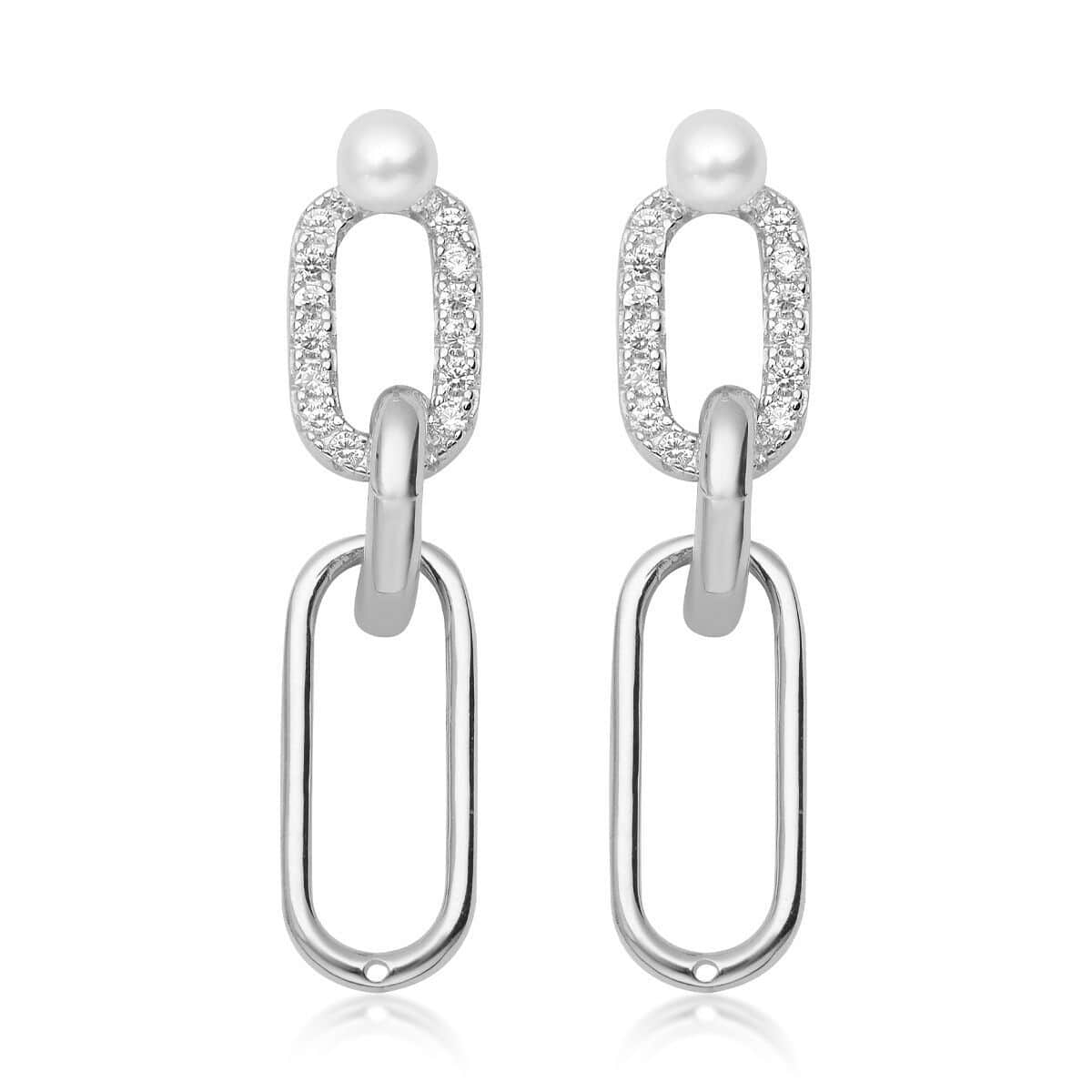 Freshwater Pearl and Simulated Diamond Paper Clip Link Earrings in Rhodium Over Sterling Silver 1.75 ctw image number 0
