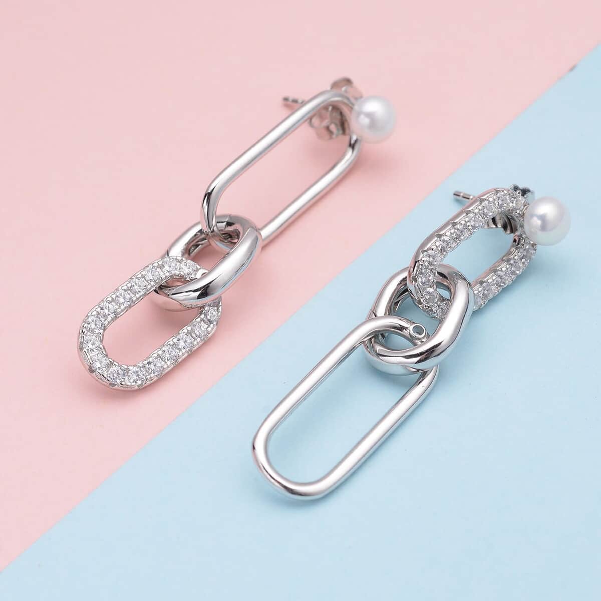 Freshwater Pearl and Simulated Diamond Paper Clip Link Earrings in Rhodium Over Sterling Silver 1.75 ctw image number 1