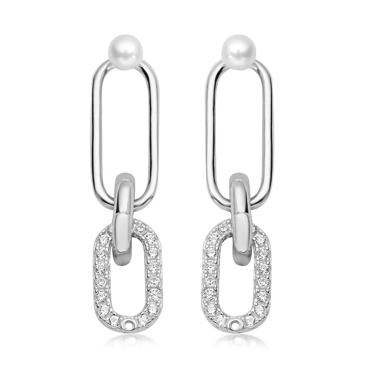 Freshwater Pearl and Simulated Diamond Paper Clip Link Earrings in Rhodium Over Sterling Silver 1.75 ctw image number 3
