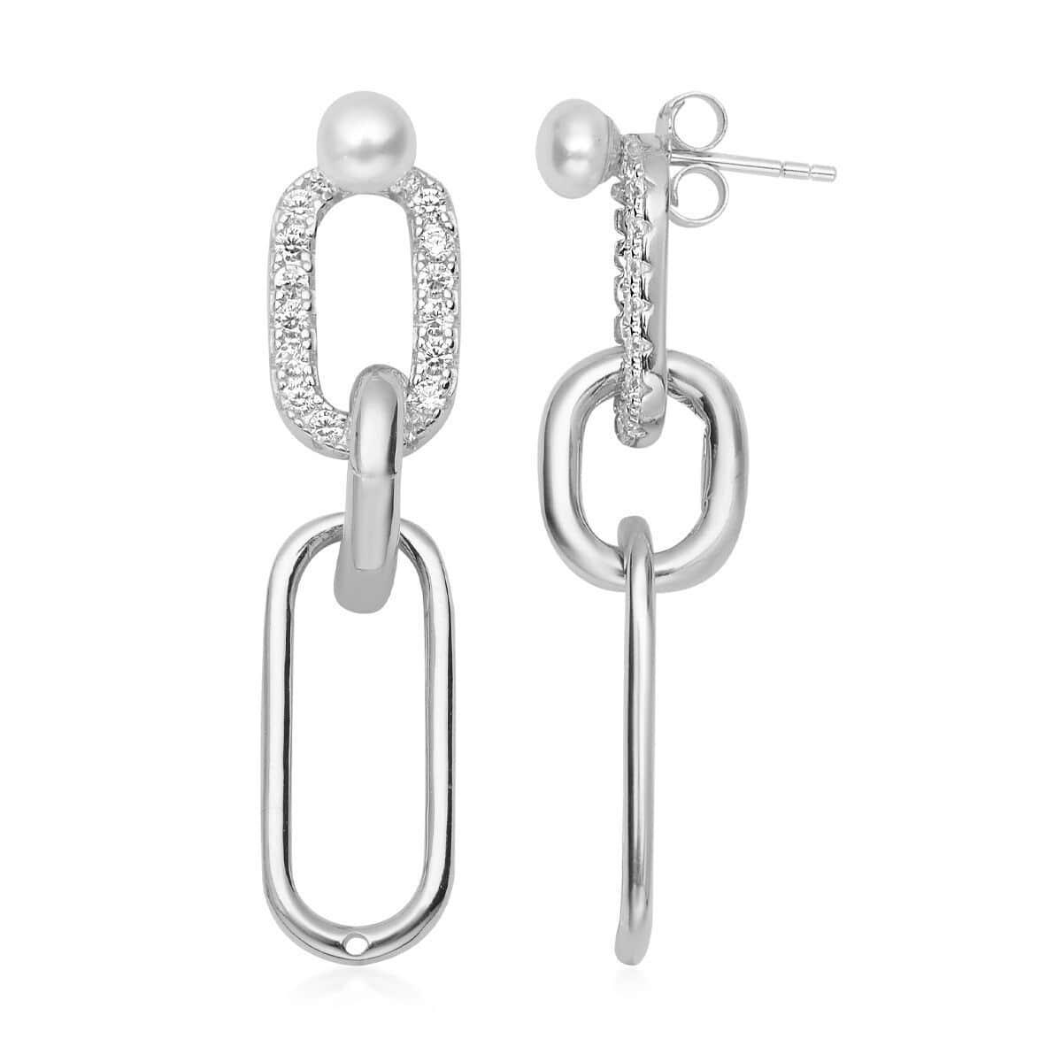 Freshwater Pearl and Simulated Diamond Paper Clip Link Earrings in Rhodium Over Sterling Silver 1.75 ctw image number 4