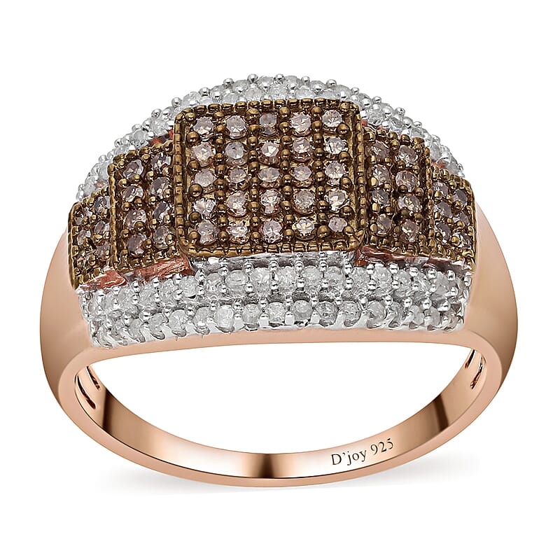 Natural Champagne and White Diamond Ring in Rhodium and Vermeil Rose Gold Over Sterling Silver (Size 10.0) 1.00 ctw