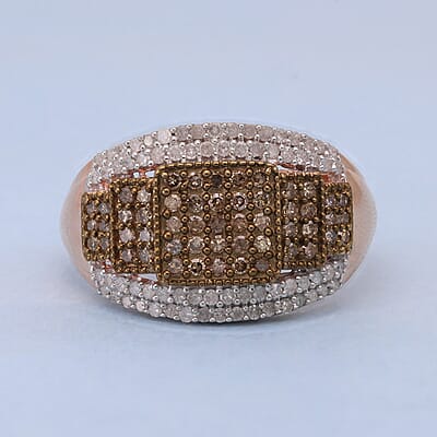 Natural Champagne and White Diamond Ring in Rhodium and Vermeil Rose Gold Over Sterling Silver (Size 10.0) 1.00 ctw