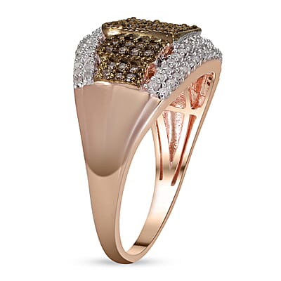 Natural Champagne and White Diamond Ring in Rhodium and Vermeil Rose Gold Over Sterling Silver (Size 10.0) 1.00 ctw