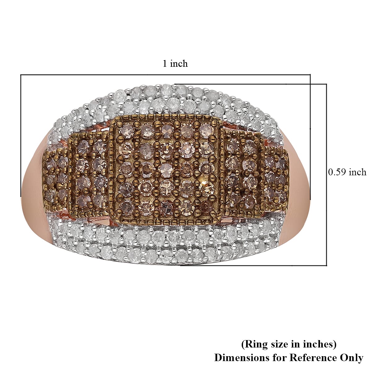 Natural Champagne and White Diamond Ring in Rhodium and Vermeil Rose Gold Over Sterling Silver (Size 10.0) 1.00 ctw