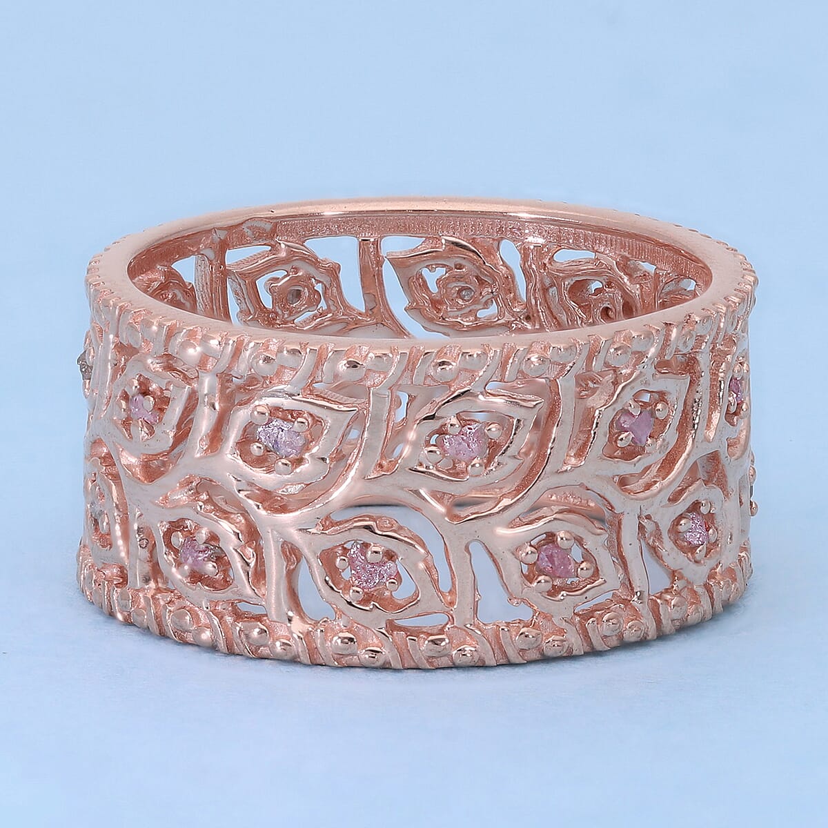 Uncut Natural Pink Diamond Leaves Band Ring in Vermeil Rose Gold Over Sterling Silver (Size 6.0) 0.25 ctw image number 1