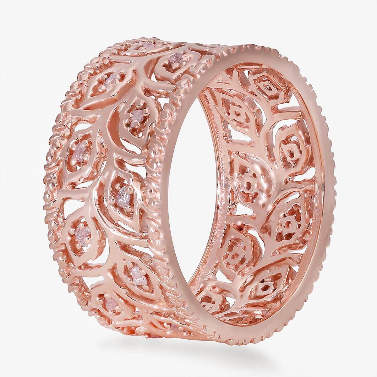 Uncut Natural Pink Diamond Leaves Band Ring in Vermeil Rose Gold Over Sterling Silver (Size 6.0) 0.25 ctw image number 3