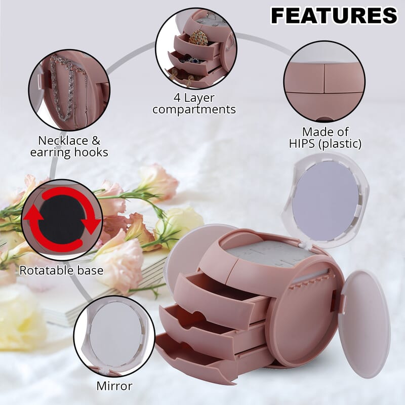 Pink Ball Shape 4 Layer Rotatable Jewelry Organizer with Mirror