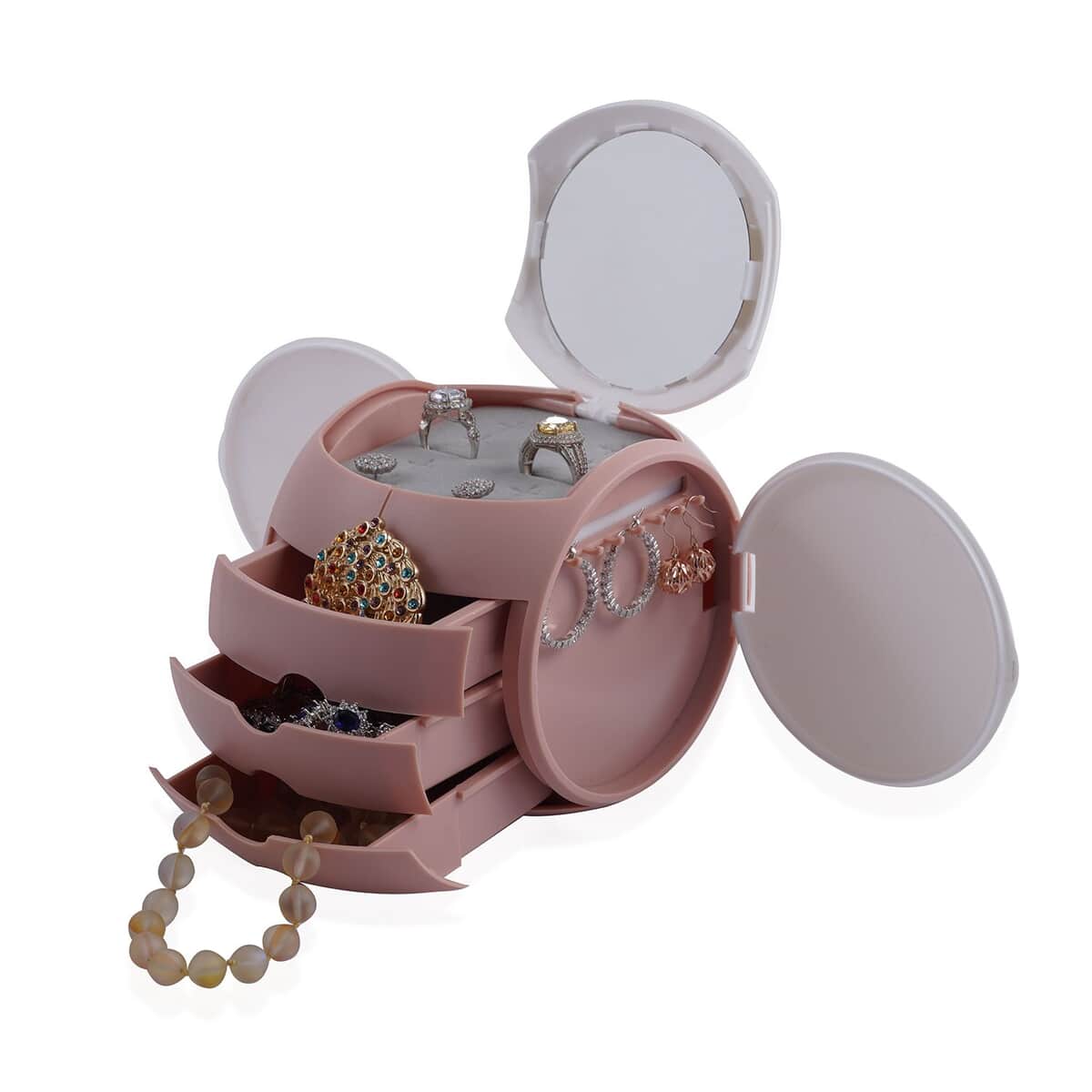 Pink Ball Shape 4 Layer Rotatable Jewelry Rrganizer with Mirror (4.33"x4.33"x4.9") image number 6