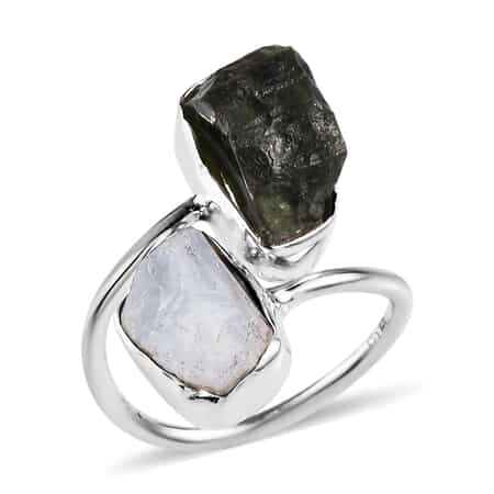 Rough Cut Bohemian Moldavite, Rainbow Moonstone Bypass Ring in Sterling Silver (Size 6.0) 8.90 ctw image number 0