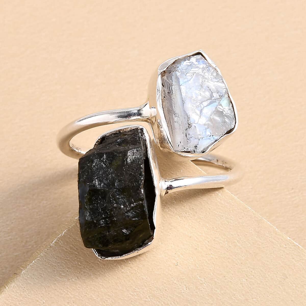 Rough Cut Bohemian Moldavite, Rainbow Moonstone Bypass Ring in Sterling Silver (Size 6.0) 8.90 ctw image number 1