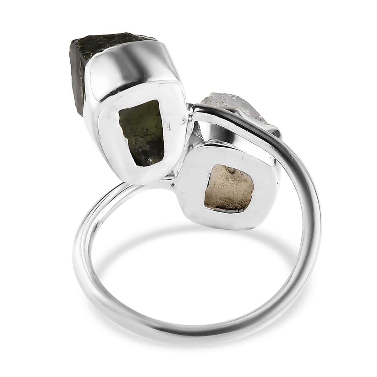 Artisan Crafted Rough Cut Bohemian Moldavite and Rainbow Moonstone Bypass Ring in Sterling Silver (Size 10.0) 8.90 ctw image number 4