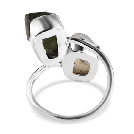 Rough Cut Bohemian Moldavite, Rainbow Moonstone Bypass Ring in Sterling Silver (Size 6.0) 8.90 ctw image number 4