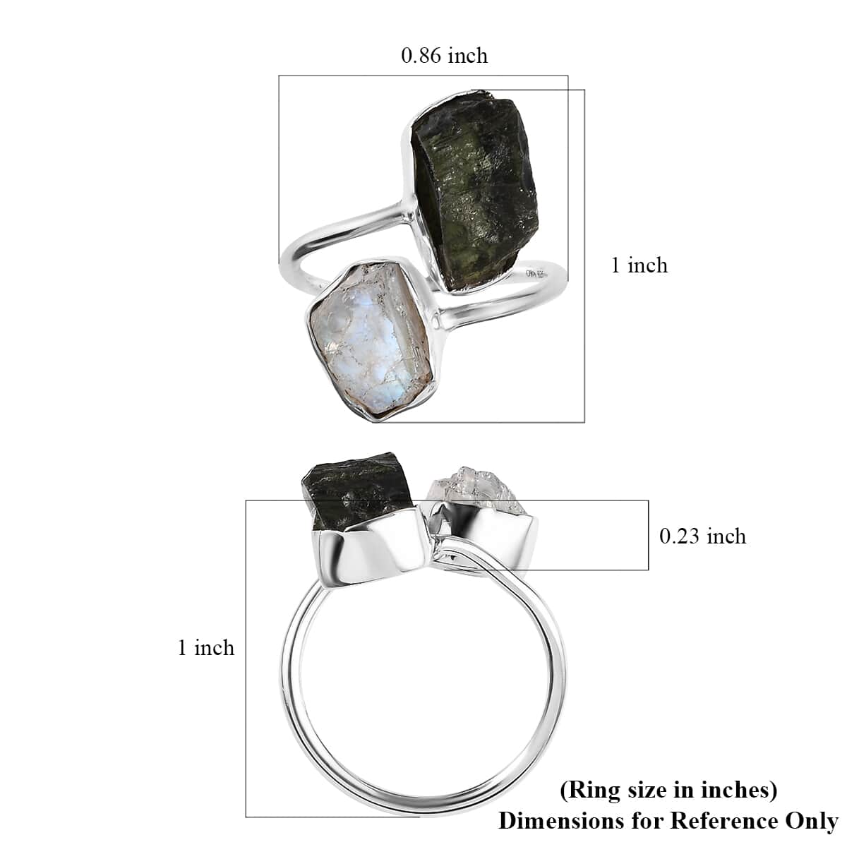 Rough Cut Bohemian Moldavite, Rainbow Moonstone Bypass Ring in Sterling Silver (Size 6.0) 8.90 ctw image number 5