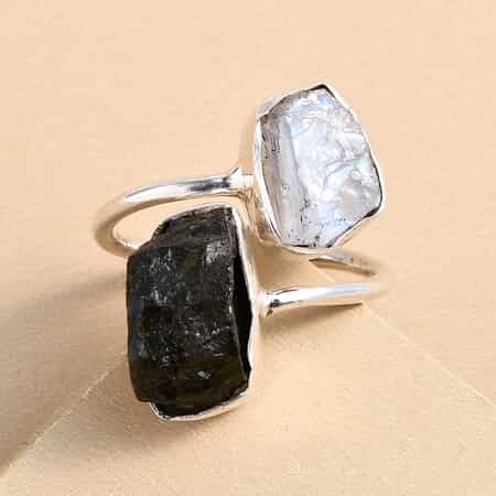 Artisan Crafted Rough Cut Bohemian Moldavite and Rainbow Moonstone Bypass Ring in Sterling Silver (Size 8.0) 8.90 ctw image number 1