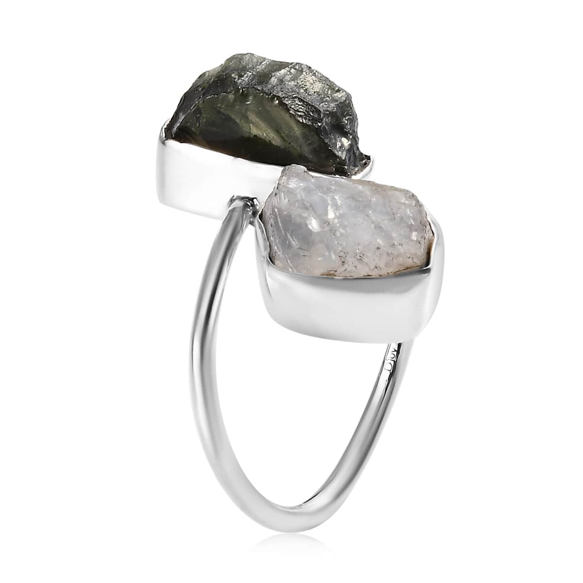 Artisan Crafted Rough Cut Bohemian Moldavite and Rainbow Moonstone Bypass Ring in Sterling Silver (Size 9.0) 8.90 ctw image number 3