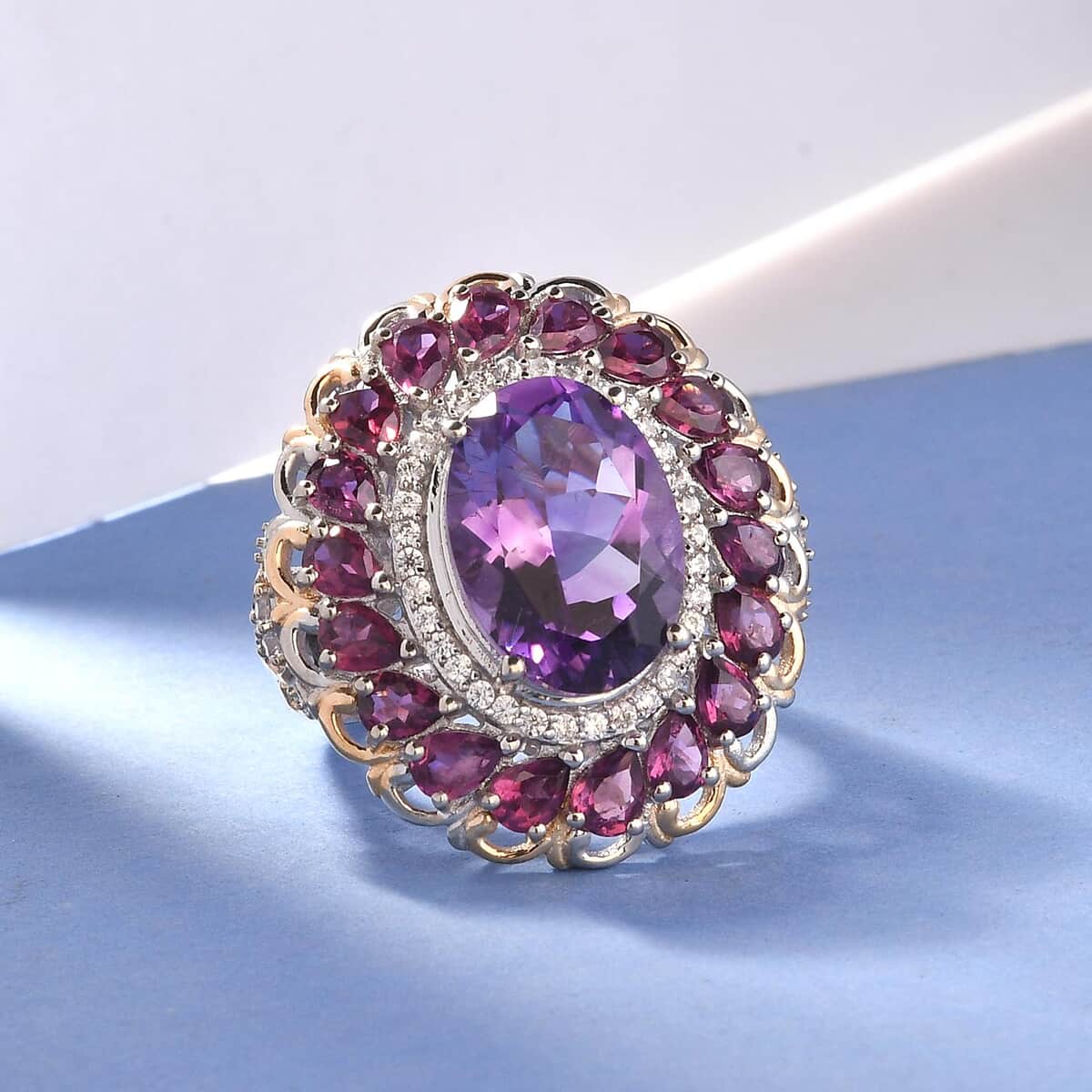 Premium Moroccan Amethyst and Multi Gemstone Halo Ring in Vermeil Yellow Gold and Platinum Over Sterling Silver 7 Grams 9.15 ctw image number 1