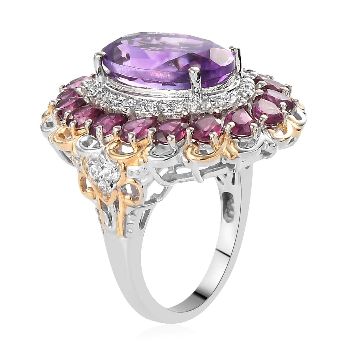 Premium Moroccan Amethyst and Multi Gemstone Halo Ring in Vermeil Yellow Gold and Platinum Over Sterling Silver (Size 10.0) 7 Grams 9.15 ctw image number 3