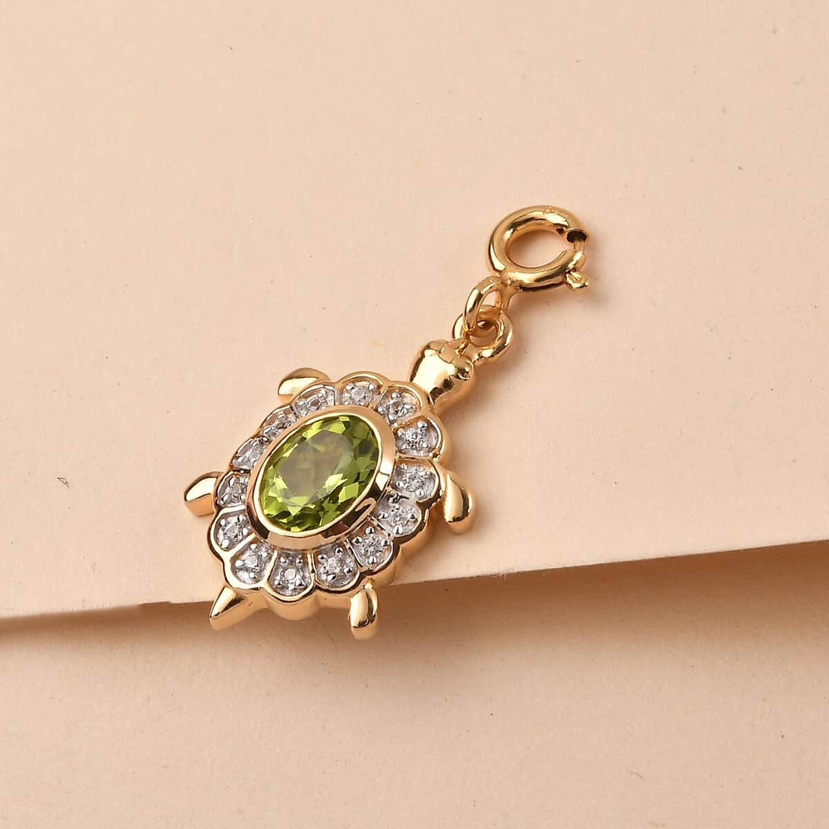 Peridot and Natural White Zircon Turtle Charm in Vermeil Yellow Gold Over Sterling Silver 1.05 ctw image number 1