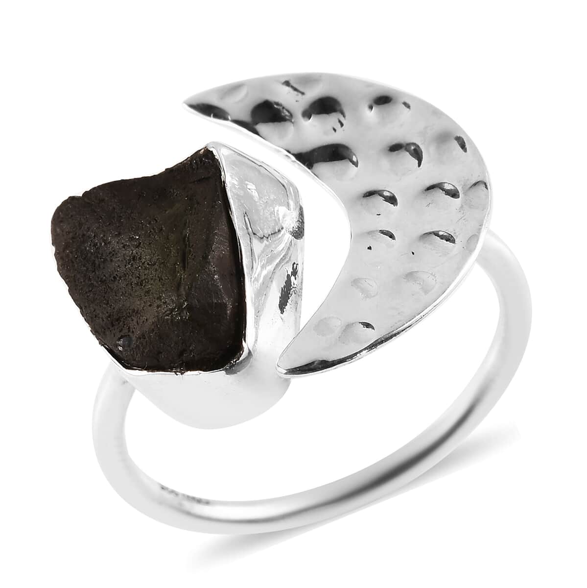 Artisan Crafted Rough Cut Bohemian Moldavite Open Band Moon Ring in Sterling Silver (Size 9.0) 4.00 ctw image number 0