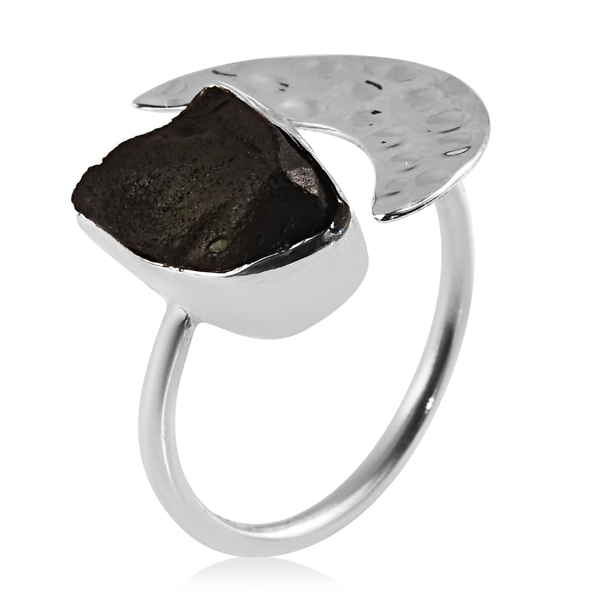 Artisan Crafted Rough Cut Bohemian Moldavite Open Band Moon Ring in Sterling Silver (Size 9.0) 4.00 ctw image number 3