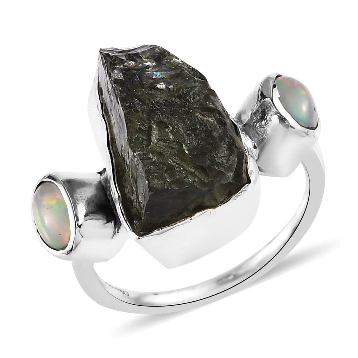Artisan Crafted Rough Cut Bohemian Moldavite and Ethiopian Welo Opal Fancy Ring in Sterling Silver (Size 10.0) 7.70 ctw image number 0