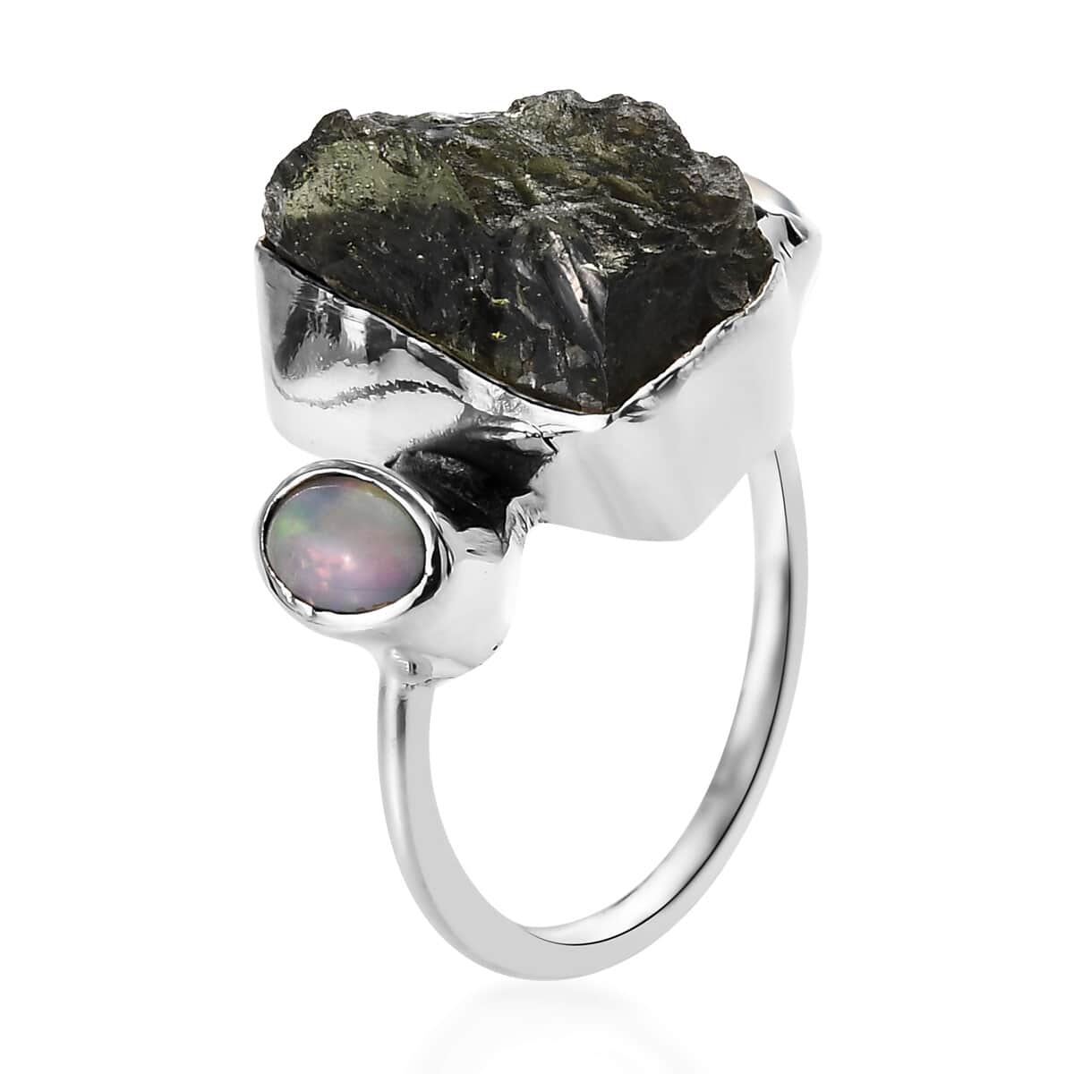 Artisan Crafted Rough Cut Bohemian Moldavite and Ethiopian Welo Opal Fancy Ring in Sterling Silver (Size 10.0) 7.70 ctw image number 3