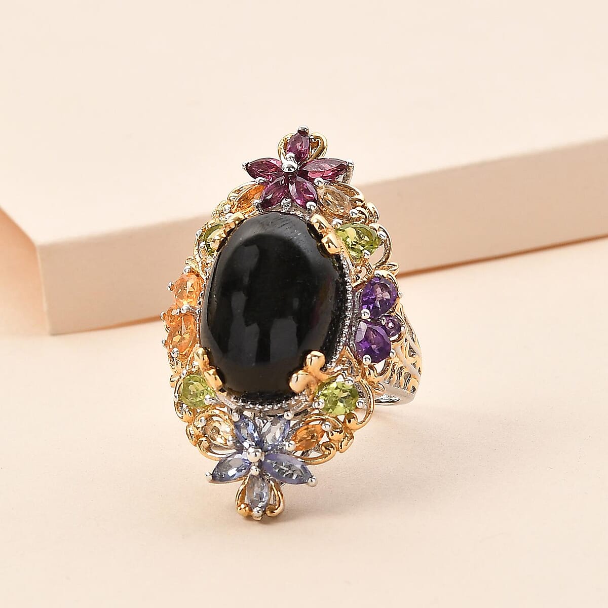 Indian Black Star Diopside and Multi Gemstone Ring in Vermeil YG and Platinum Over Sterling Silver (Size 10.0) 7.75 Grams 20.35 ctw image number 1