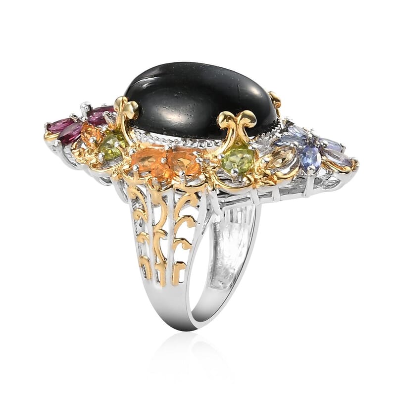 Indian Black Star Diopside and Multi Gemstone Cocktail Ring in Vermeil YG and Platinum Over Sterling Silver (Size 10.0) 7.75 Grams 20.35 ctw