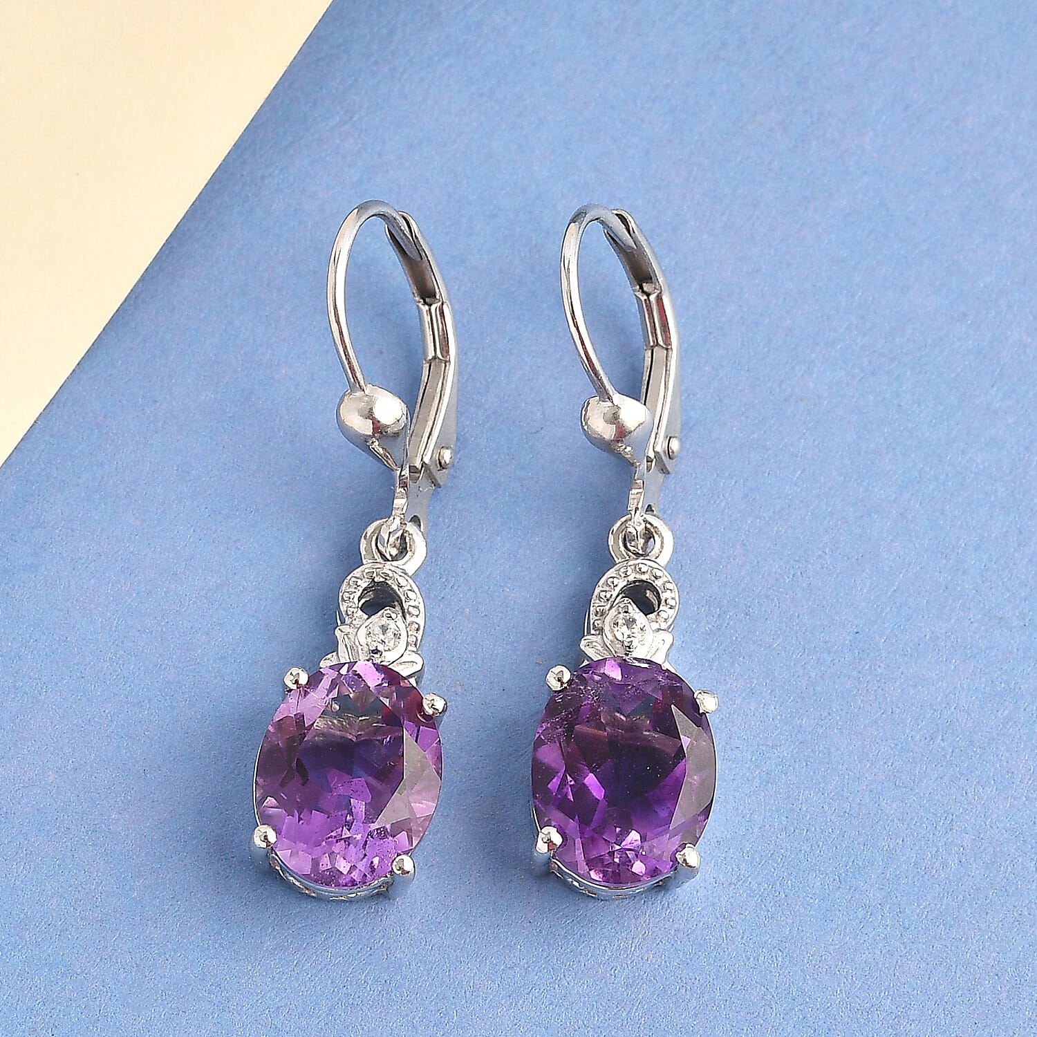 Moroccan Amethyst and White Zircon Lever Back Earrings in Platinum Over Sterling Silver