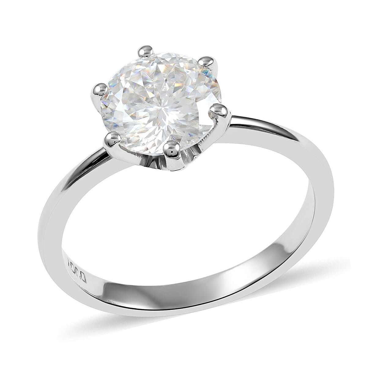 120 Facets Moissanite VS EF Solitaire Ring in Sterling Silver (Size 5.0) 2.00 ctw