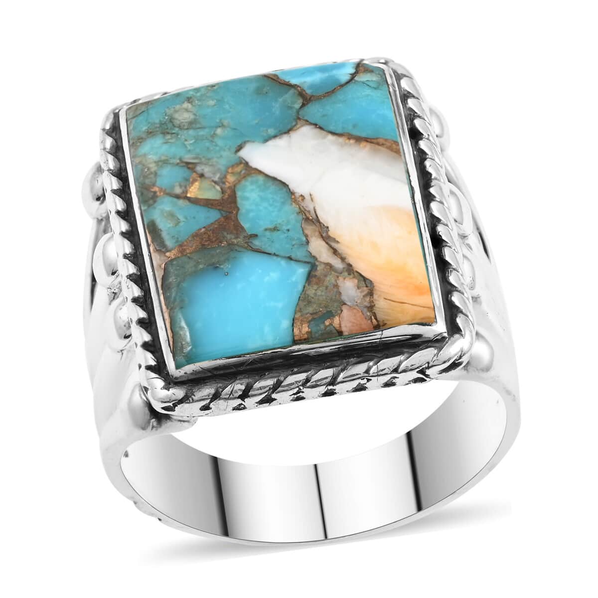 Santa Fe Style Spiny Turquoise Ring in Sterling Silver (Size 8.0) 8.30 Grams 1.60 ctw image number 0