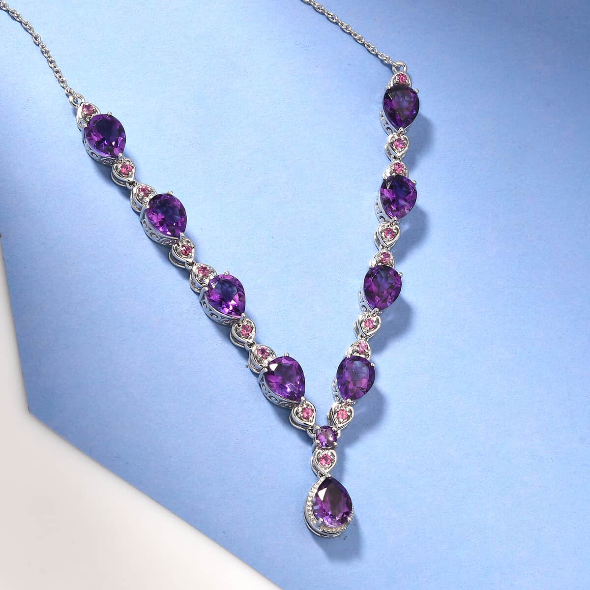Premium Moroccan Amethyst and Orissa Rhodolite Garnet Station Necklace 18 Inches in Platinum Over Sterling Silver 15.30 ctw image number 1
