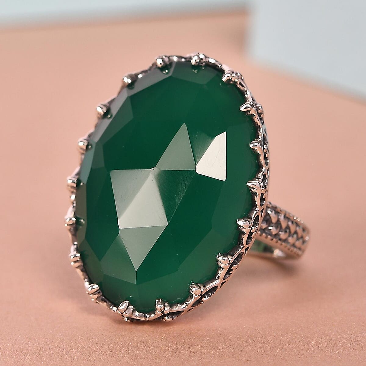 Verde Onyx Rose Cut Fancy Ring in Sterling Silver (Size 11.0) 7.30 ctw image number 1