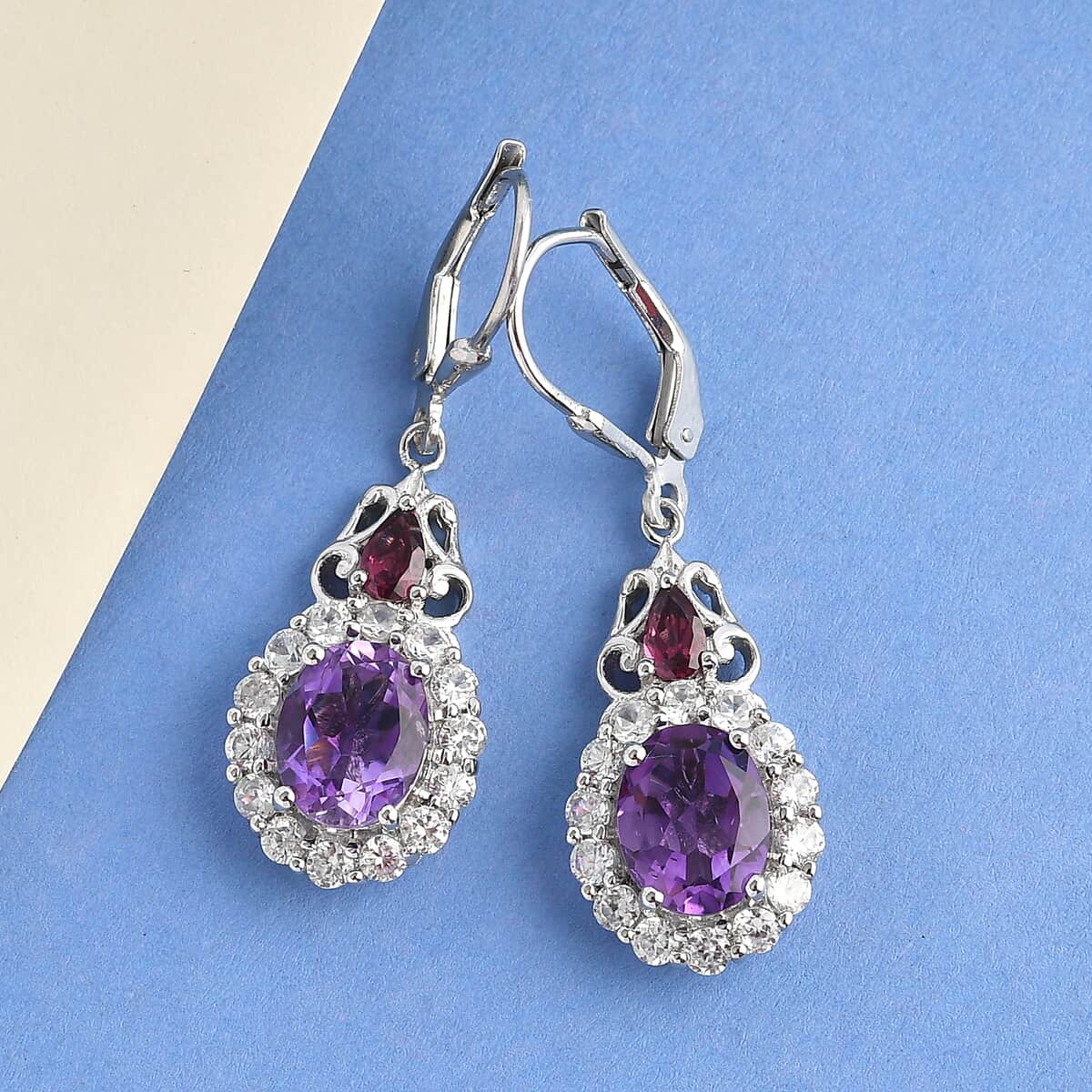 Premium Moroccan Amethyst and Multi Gemstone Lever Back Earrings in Platinum Over Sterling Silver 6.00 ctw image number 1