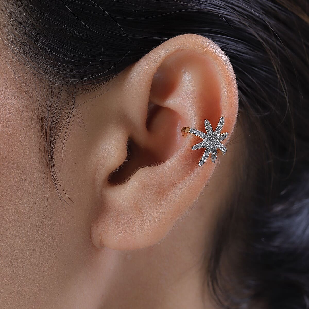 Natural White Zircon Fancy Star Burst Ear Cuff in Vermeil Yellow Gold Over Sterling Silver 0.30 ctw image number 2
